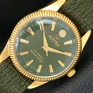 Vintage 1985 Roamer Manual Mens Gold Watch W/Nato Strap & Green accents